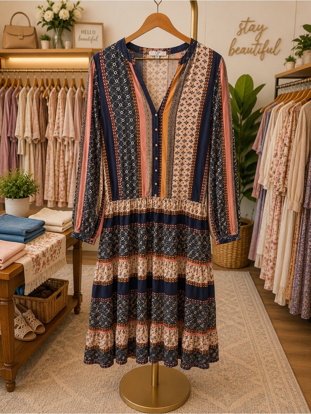 LOFT Navy, Pink & Cream Striped Floral Tiered Midi Dress